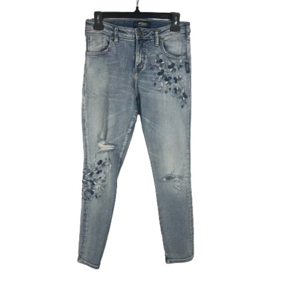 Silver Jeans Womens  Embroidered Izzy Skinny Ankle Jeans Size 27 Light Wash Boho - Picture 1 of 12